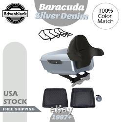 Barracuda Silver Denim King Tour Pak Pack Black Latch & Hinges For 1997+ Harley