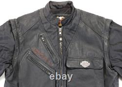 Harley davidson mens jacket vest L black leather nylon pockets convertible bar